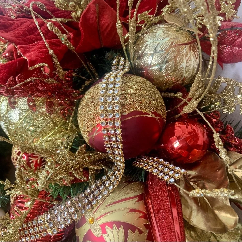 New Elegant Large Christmas Red Gold Sparkling Poinsettia Door Wall Wreath